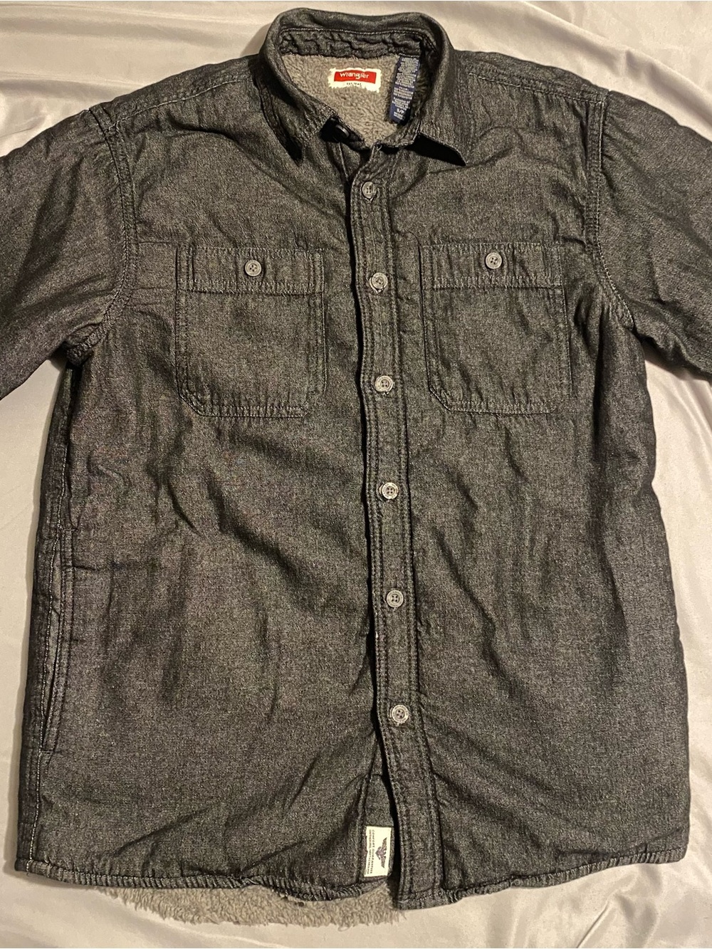 Wrangler Mens Small Black Denim Sherpa Lined Jacket Western Workwear Charcoal S